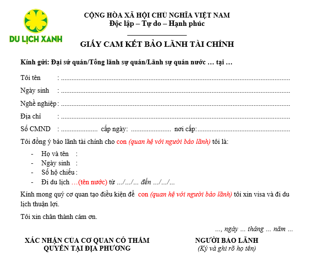 Mẫu giấy cam kết bảo lãnh tài chính xin visa