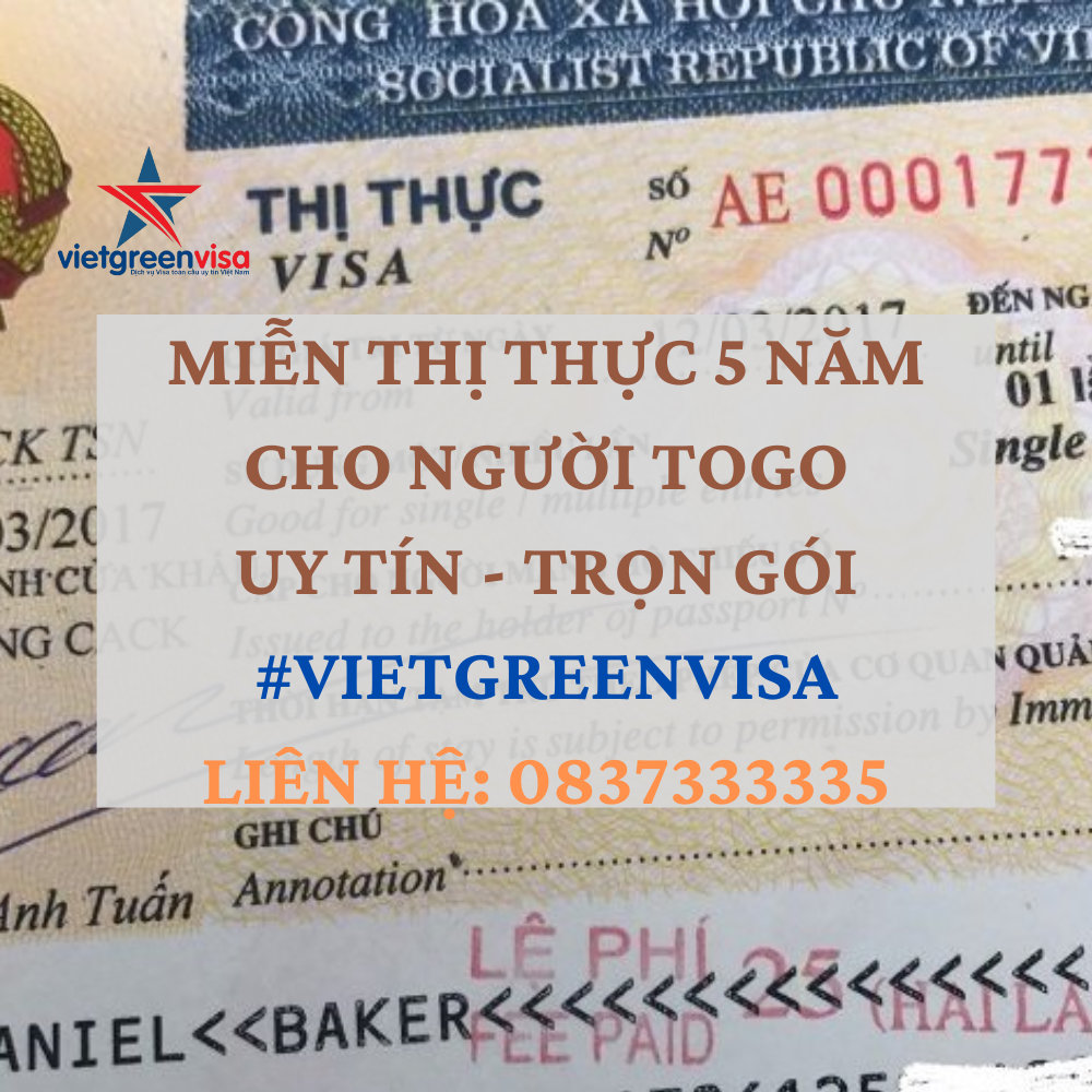 Giấy miễn thị thực, Giấy miễn thị thực cho người Togo, Giấy miễn thị thực 5 năm cho quốc tịch Togo, Viet Green Visa